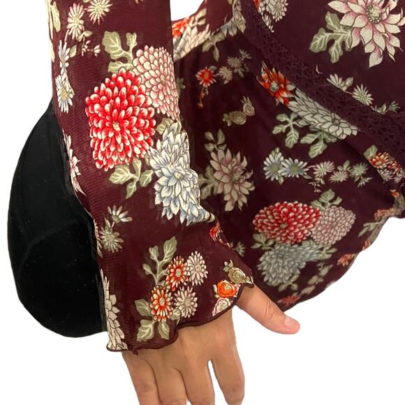 Old Navy MEDIUM Maroon Floral Empire Waist V-Neck Bust Detail Blouse Top - Picture 9 of 16